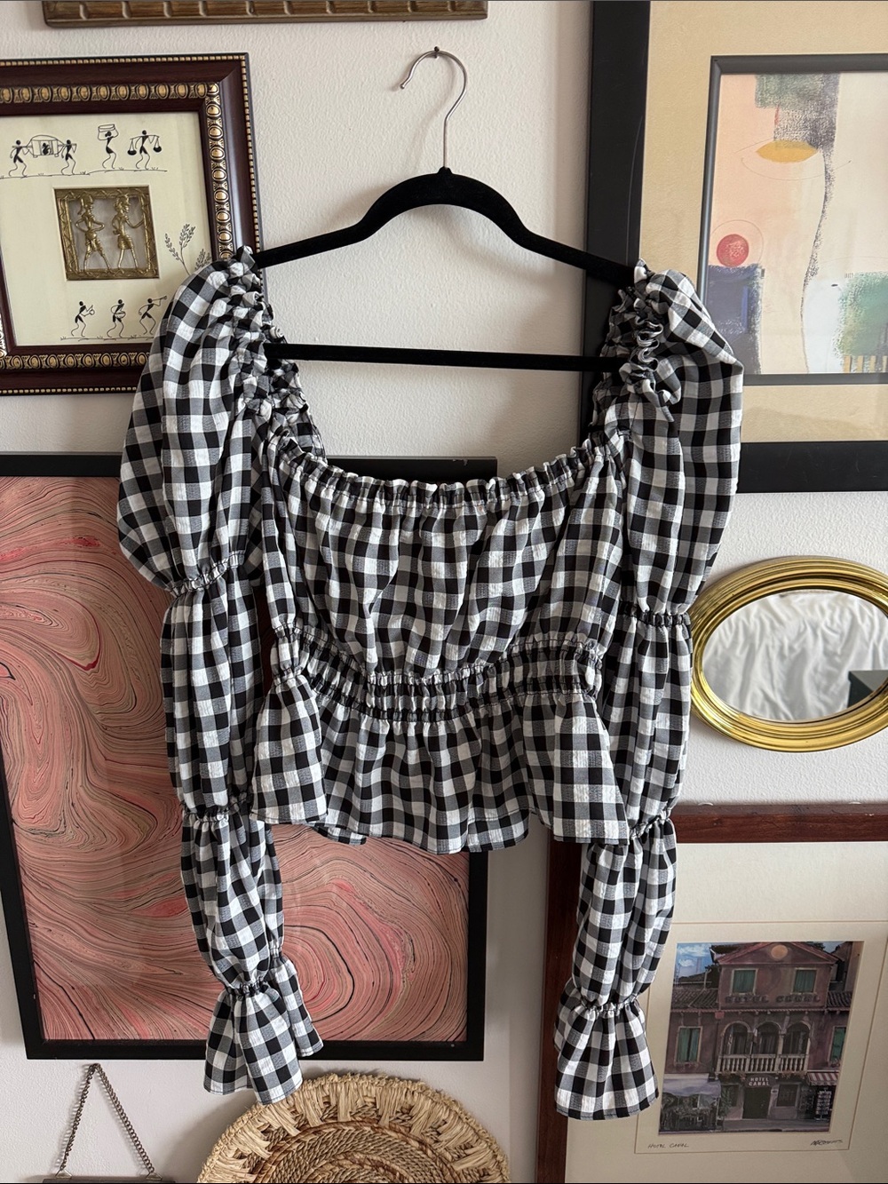 H&M Black and White Gingham Puff-Sleeve Blouse
